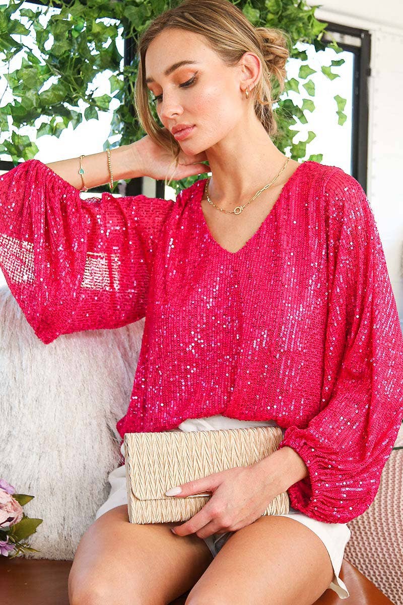 V-Neck Balloon Sleeves Sequin Detail Blouse